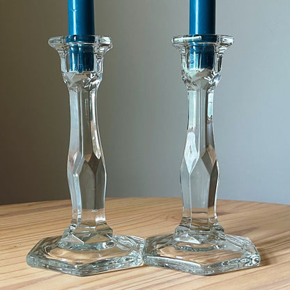 Art Deco Crystal Candlestick Holders with Hexagon Base