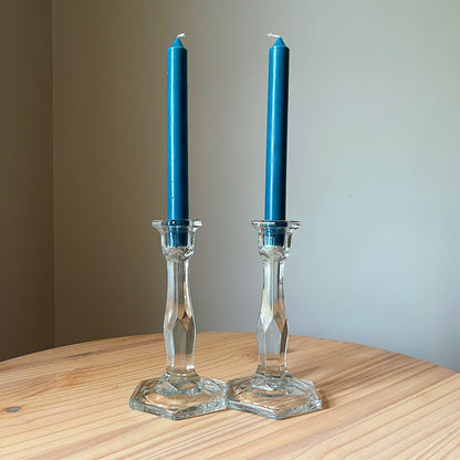 Art Deco Crystal Candlestick Holders with Hexagon Base