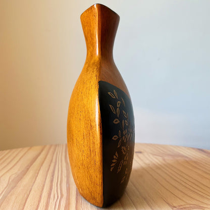 Faux Wood Ceramic Vase with Floral Etched Design