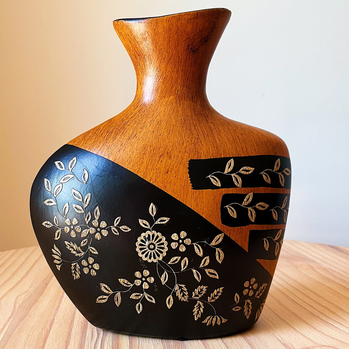 Faux Wood Ceramic Vase with Floral Etched Design