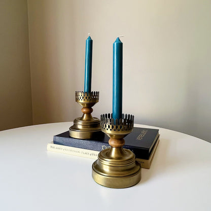 Bronze Moroccan Candlestick Holders with Wood Accents