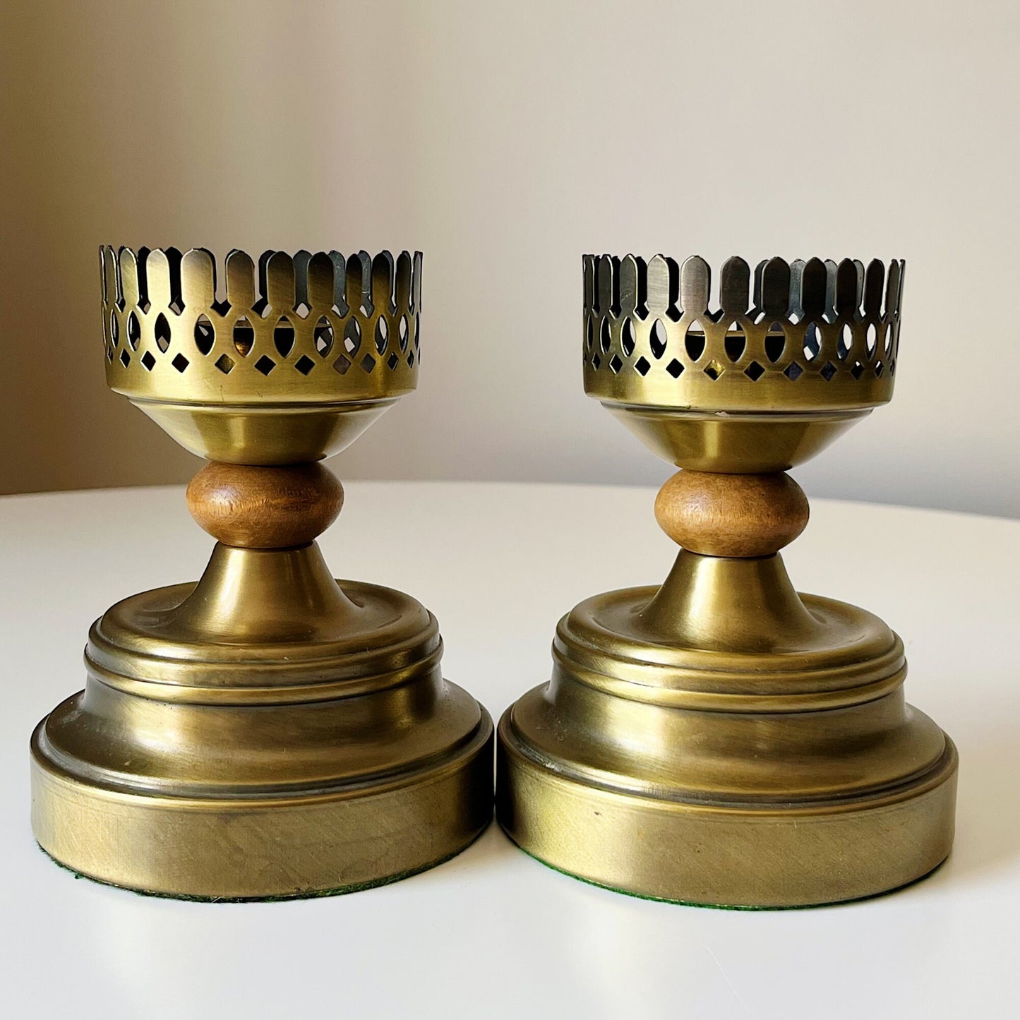 Bronze Moroccan Candlestick Holders with Wood Accents