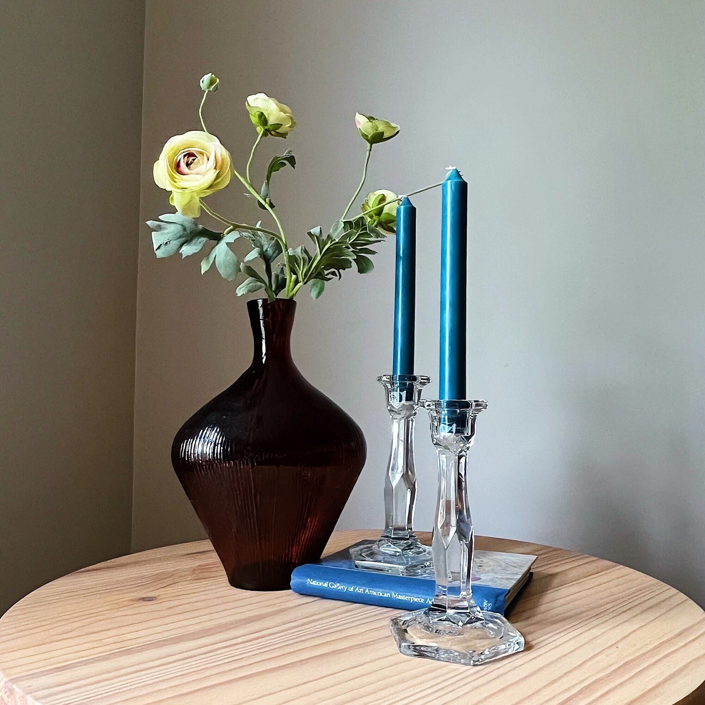 Art Deco Crystal Candlestick Holders with Hexagon Base