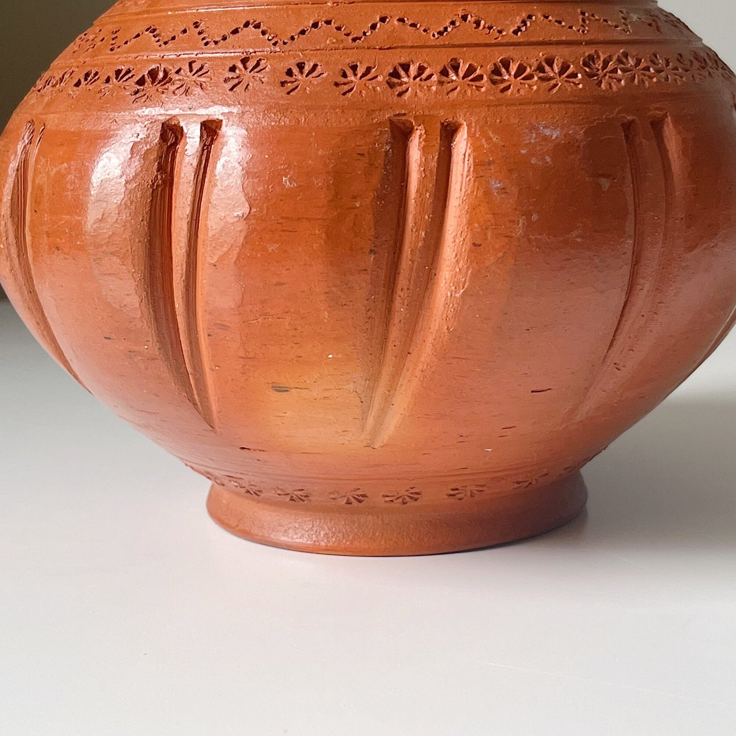 Terracotta Lidded Pot with Etched Design