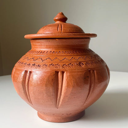 Terracotta Lidded Pot with Etched Design