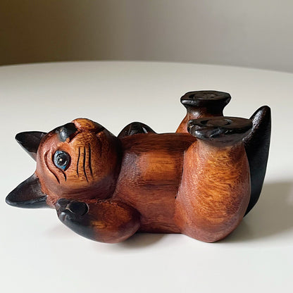 Thai Hand Carved Wood Cat Figurine