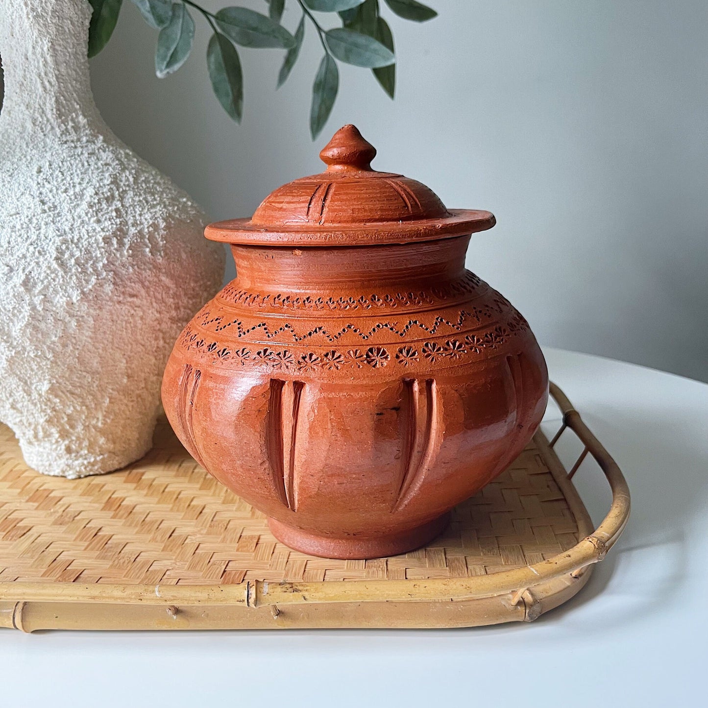 Terracotta Lidded Pot with Etched Design