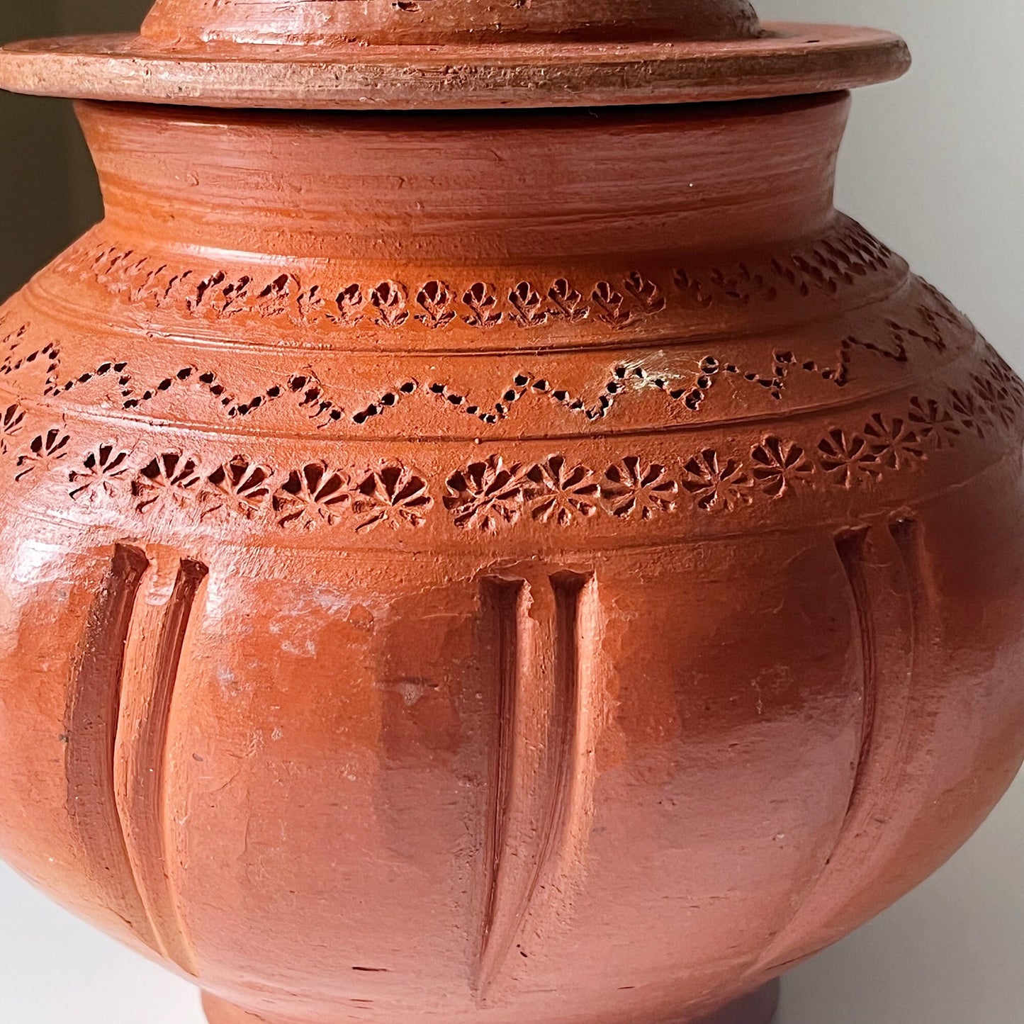 Terracotta Lidded Pot with Etched Design