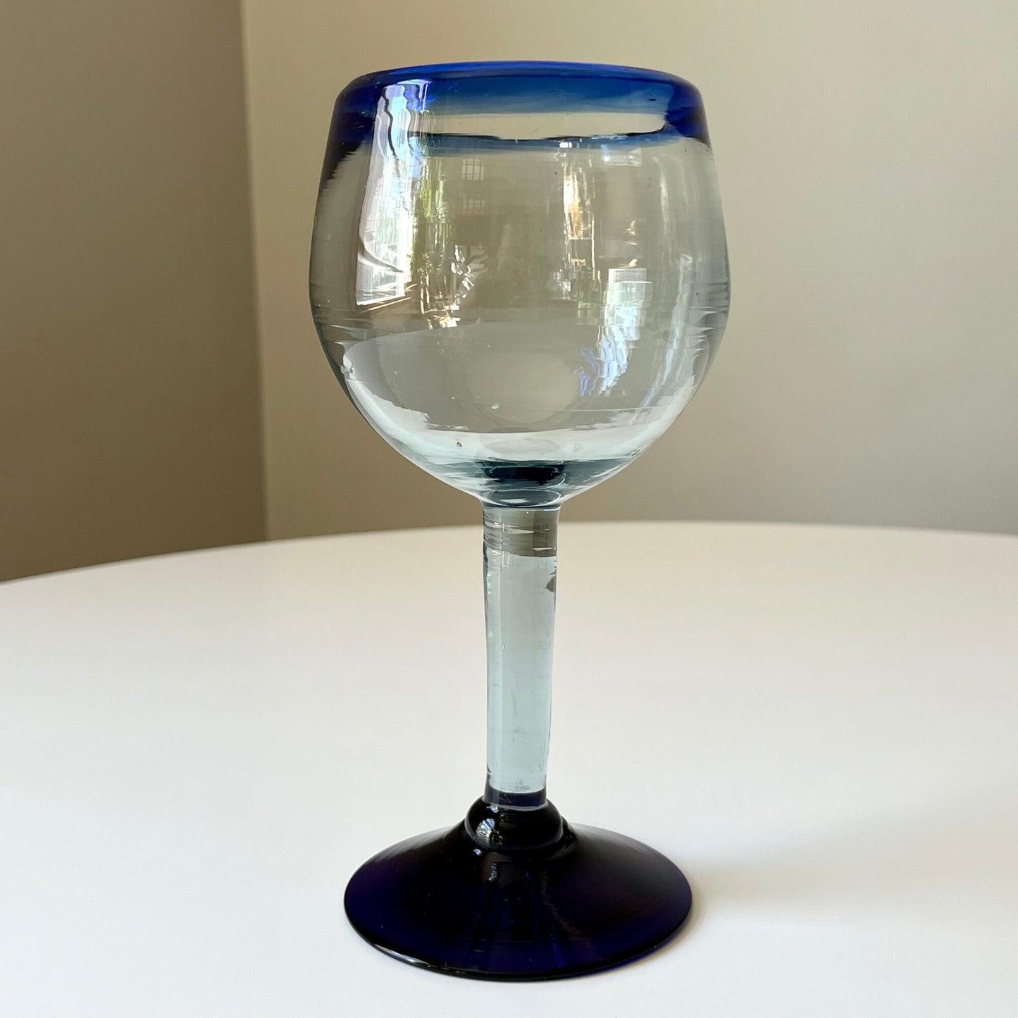 Hand Blown Clear & Cobalt Blue Wine Glasses