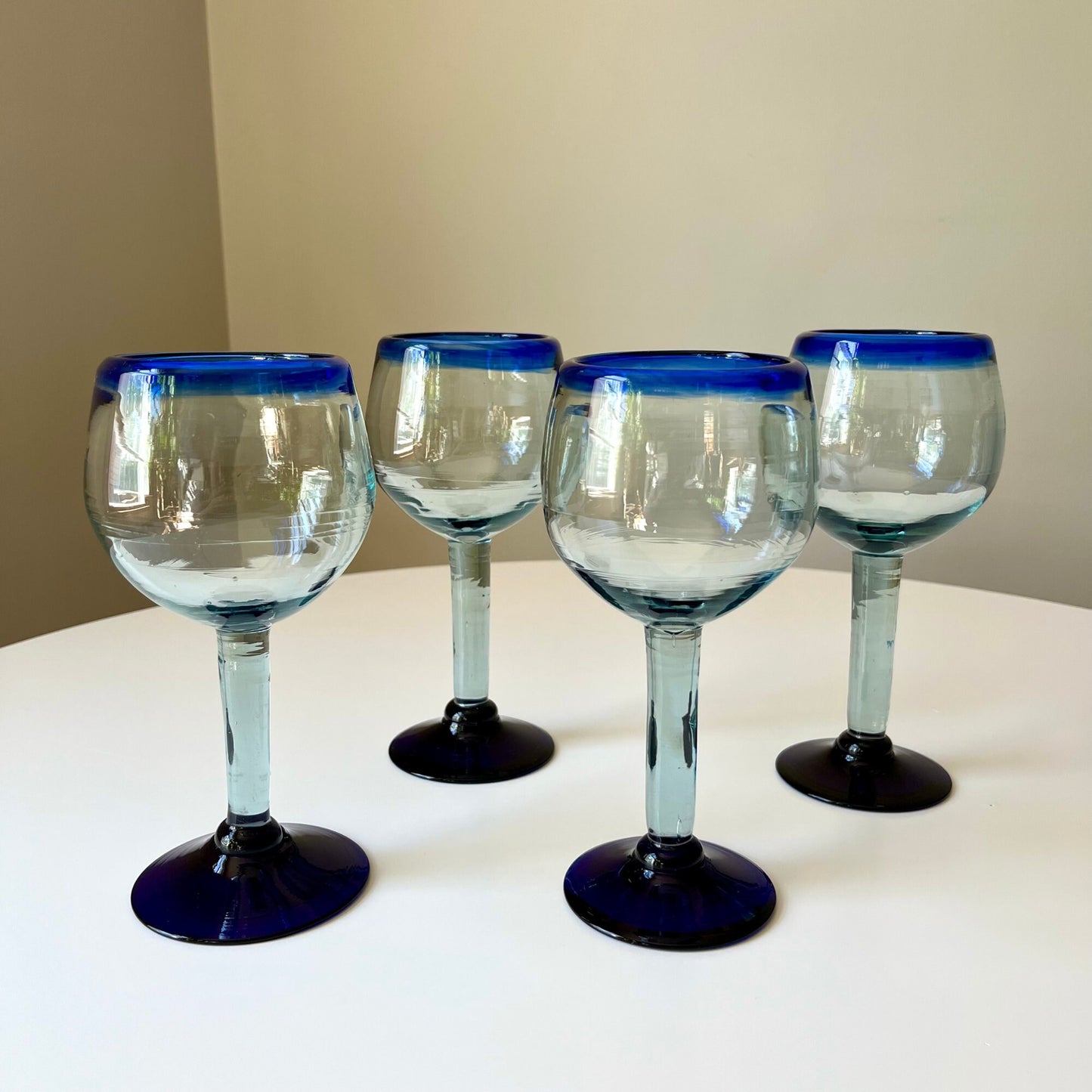 Hand Blown Clear & Cobalt Blue Wine Glasses