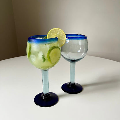 Hand Blown Clear & Cobalt Blue Wine Glasses