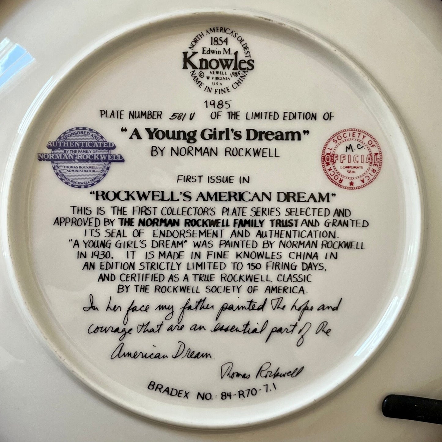 Norman Rockwell Framed Plate of "A Young Girl's Dream"