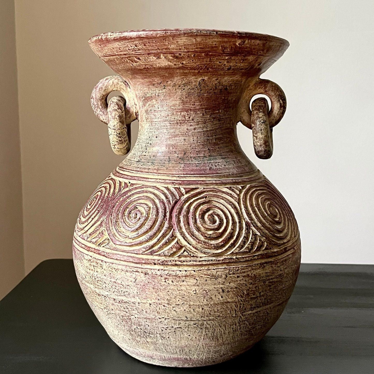 Clay Etched Vase with Loose Ring Handles