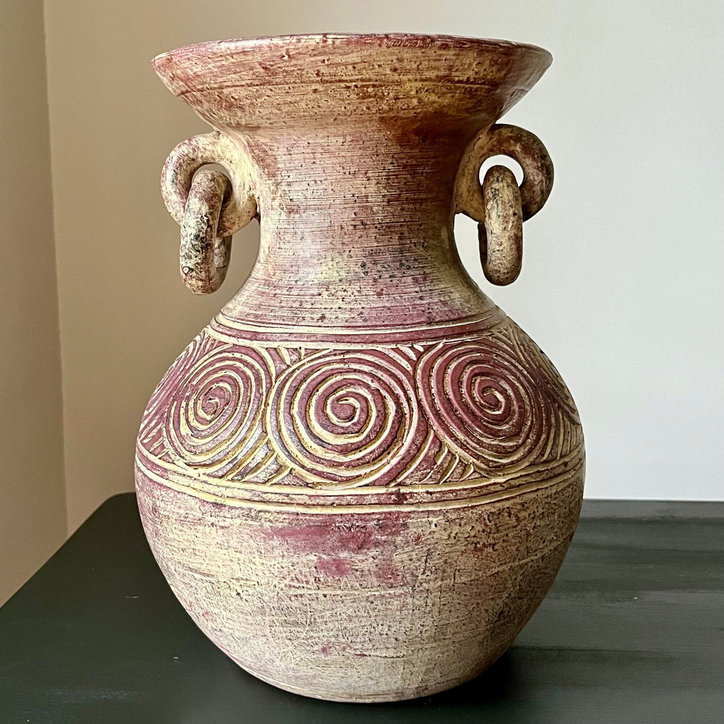 Clay Etched Vase with Loose Ring Handles