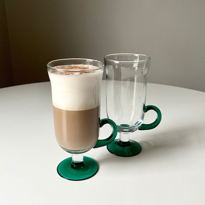 Hand Blown Pedestal Coffee Mugs with Green Accents