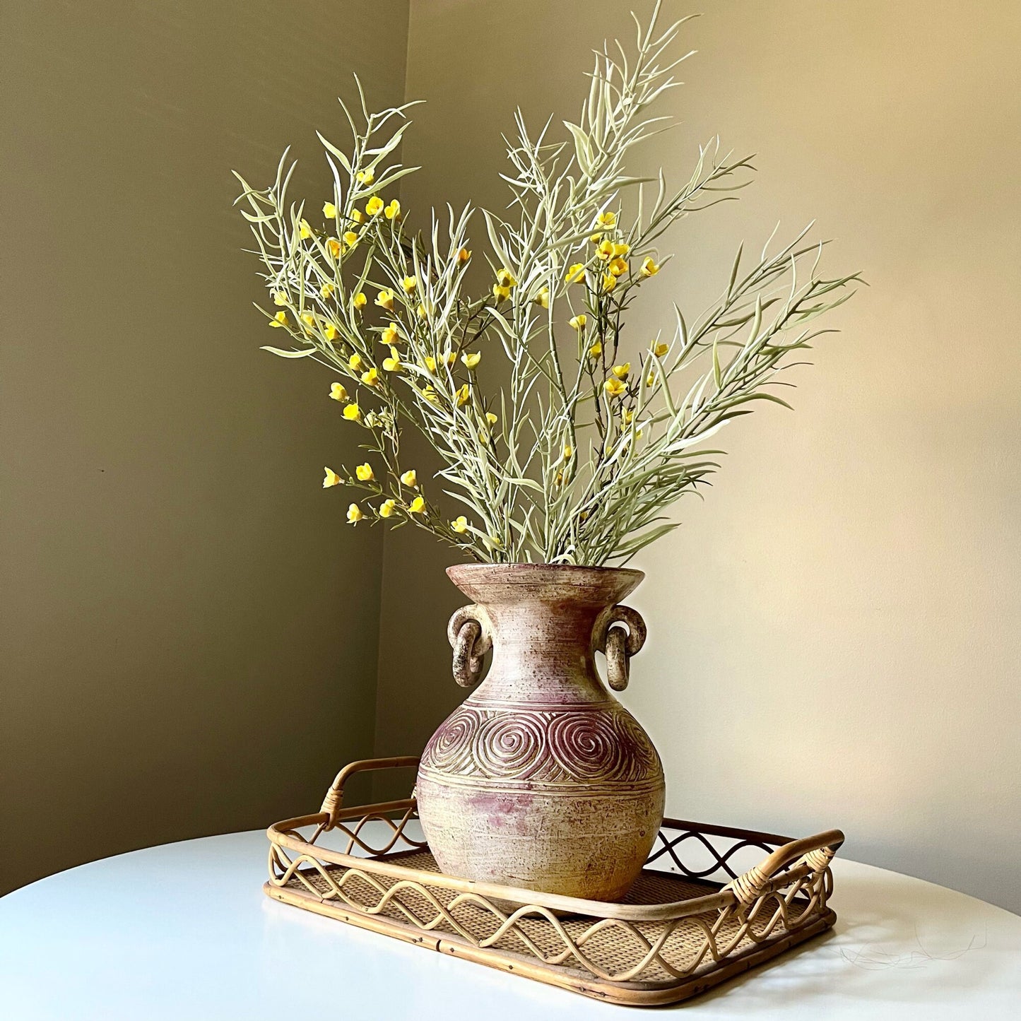 Clay Etched Vase with Loose Ring Handles