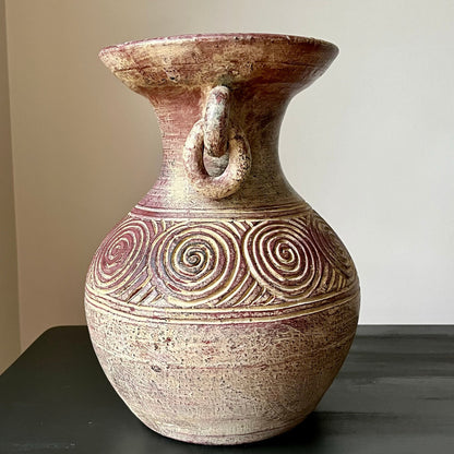 Clay Etched Vase with Loose Ring Handles