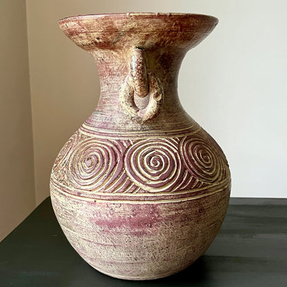 Clay Etched Vase with Loose Ring Handles