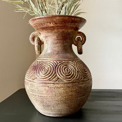 Clay Etched Vase with Loose Ring Handles