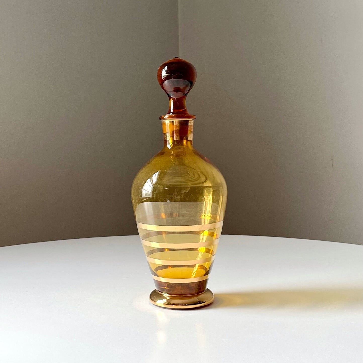 Romanian Amber Glass Liquor Decanter with Metallic Gold Design