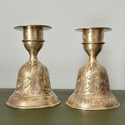 Brass Candle Holders with Etched Flower Pattern