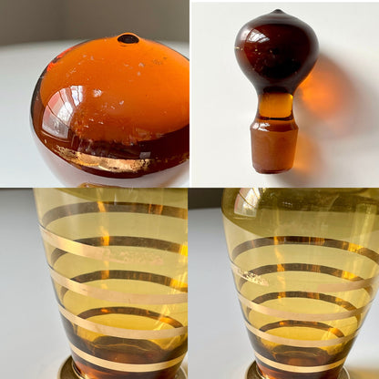 Romanian Amber Glass Liquor Decanter with Metallic Gold Design