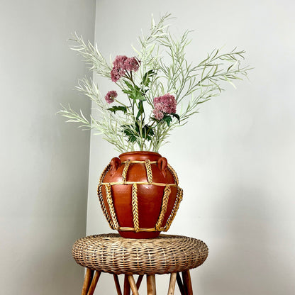 Terracotta Clay Vase with Braided Rattan Details