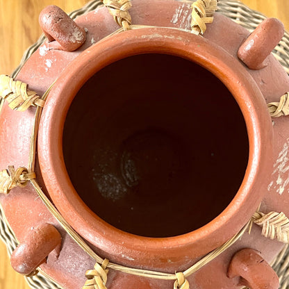 Terracotta Clay Vase with Braided Rattan Details