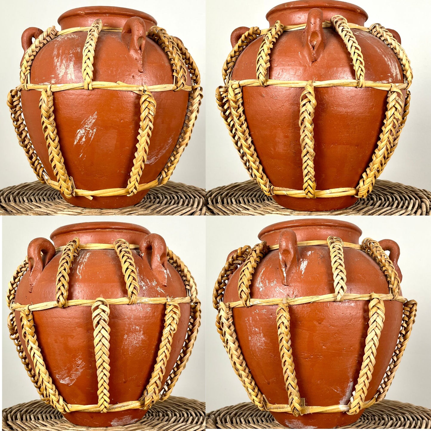 Terracotta Clay Vase with Braided Rattan Details