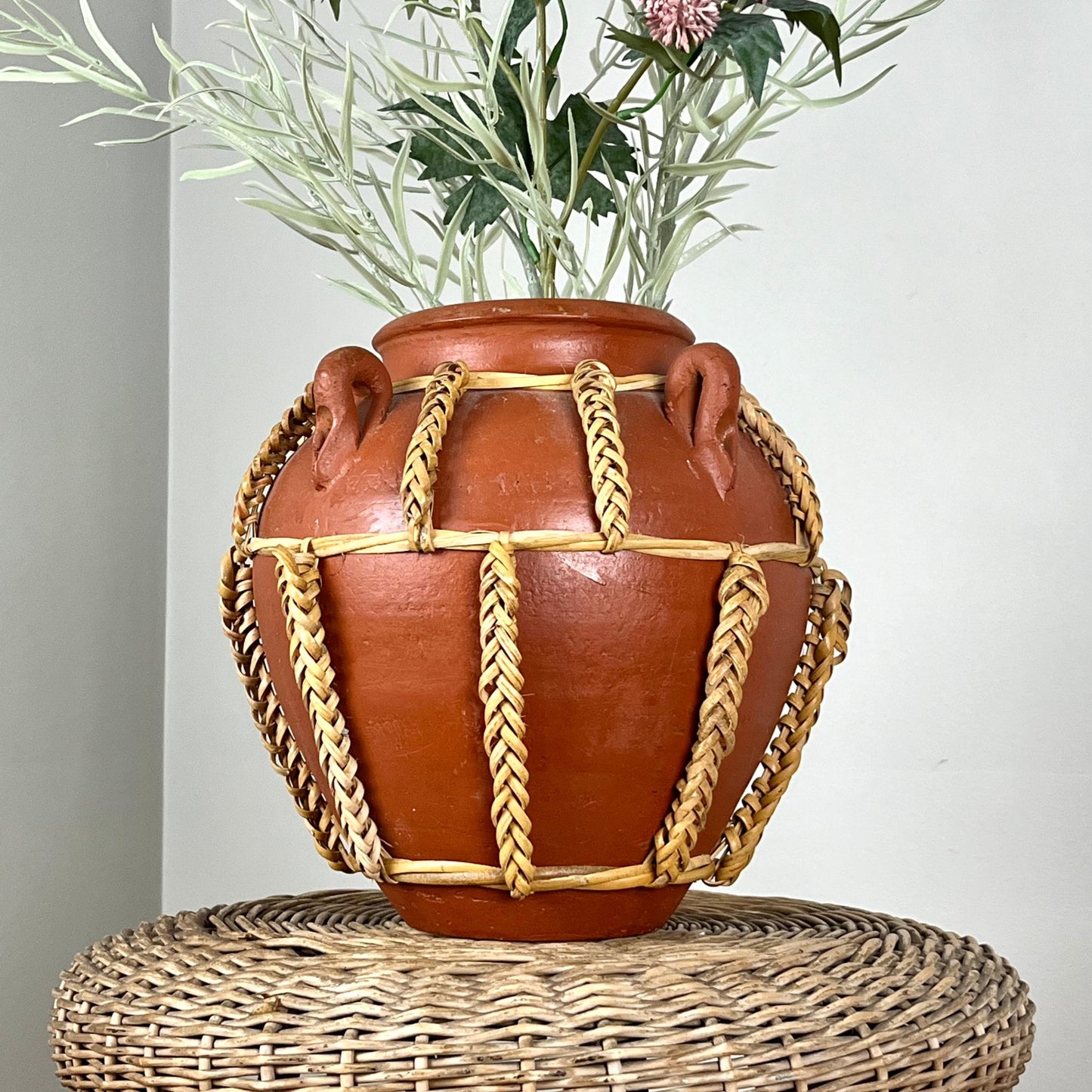 Terracotta Clay Vase with Braided Rattan Details