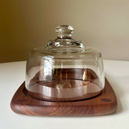 Mid Century Modern Cheese Dome with Solid Wood Charcuterie Board