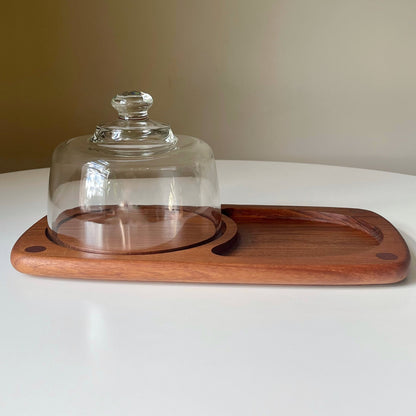 Mid Century Modern Cheese Dome with Solid Wood Charcuterie Board