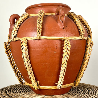 Terracotta Clay Vase with Braided Rattan Details