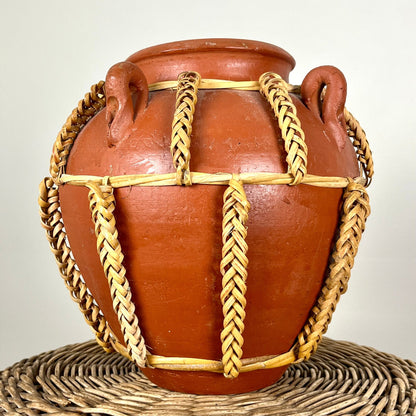 Terracotta Clay Vase with Braided Rattan Details