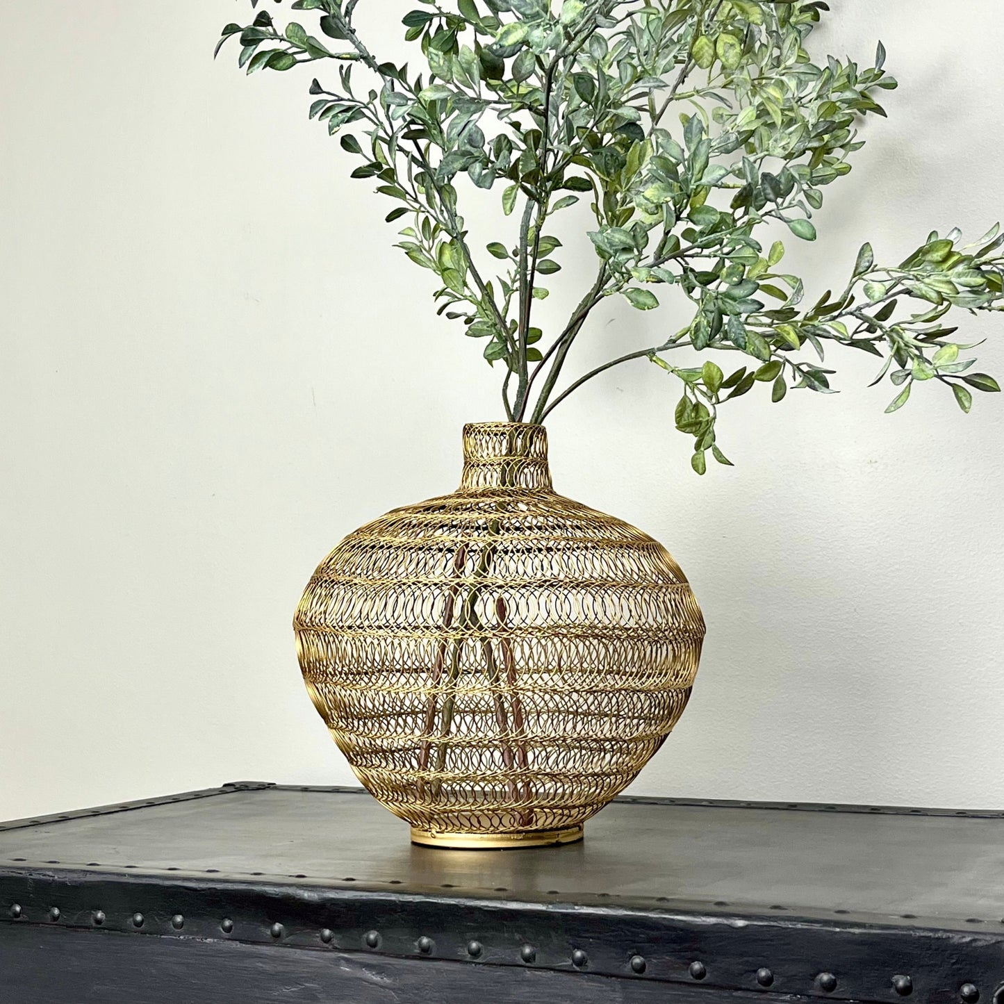 Matte Gold Vase with Spiral Wire Pattern