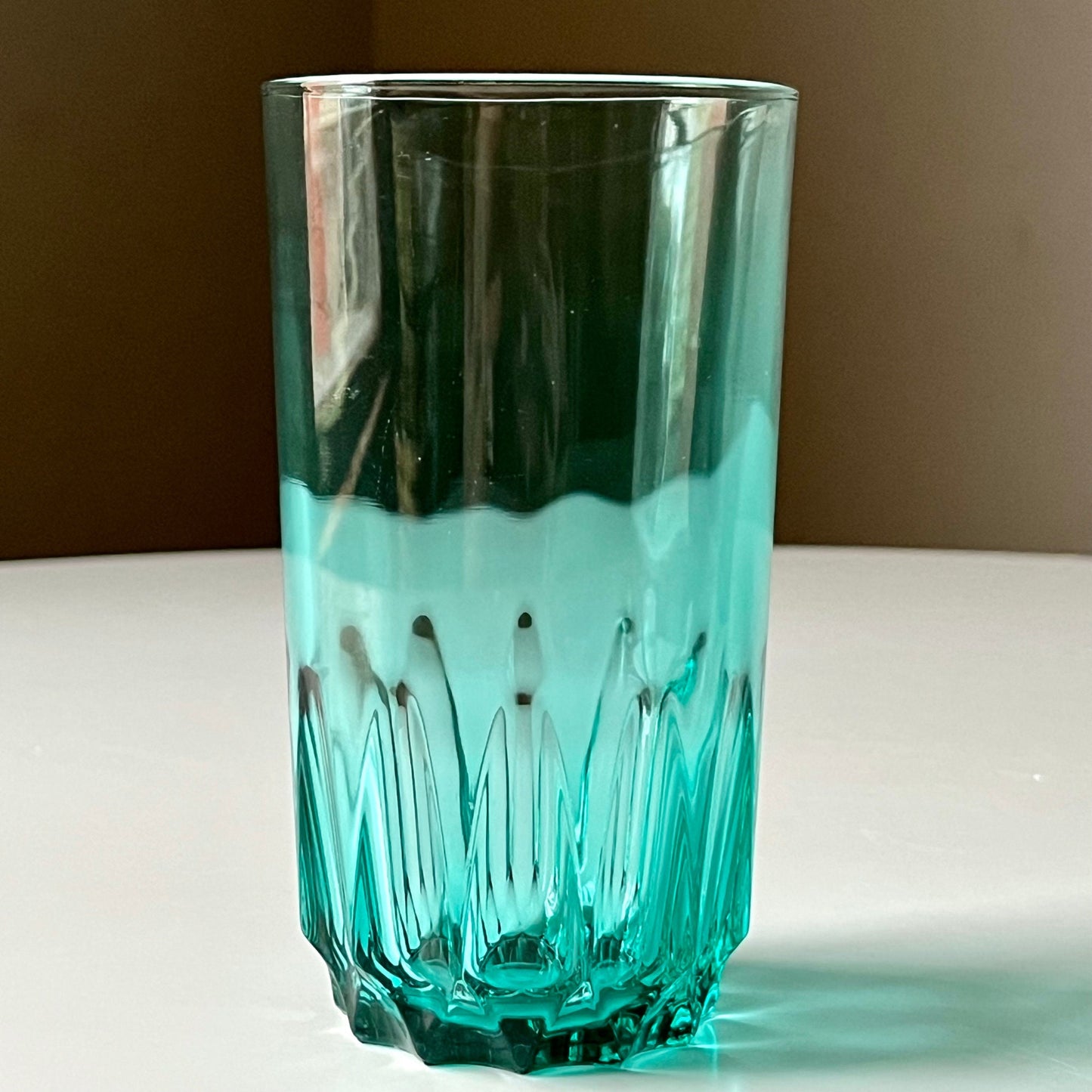 French Aquamarine Glass Tumblers with Geometric Cut Pattern