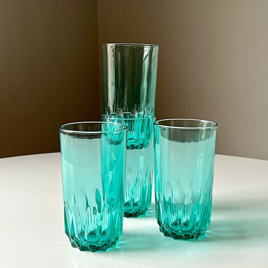 French Aquamarine Glass Tumblers with Geometric Cut Pattern