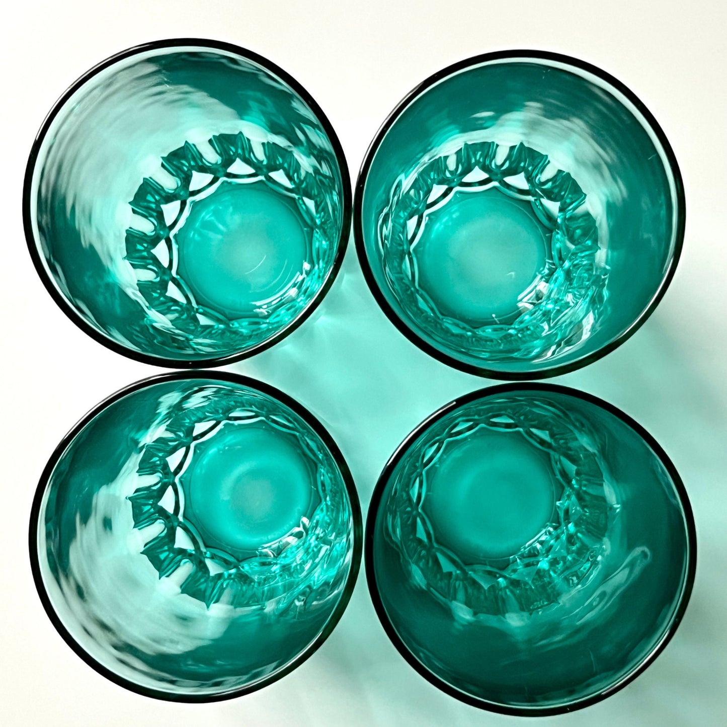 French Aquamarine Glass Tumblers with Geometric Cut Pattern